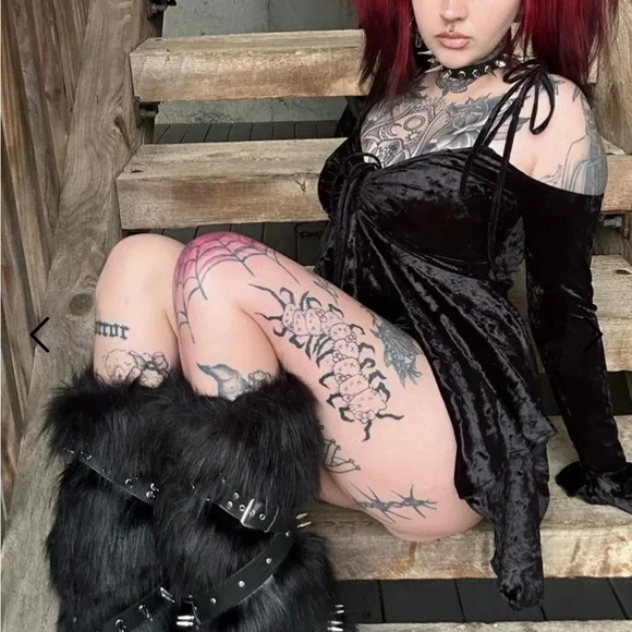 Widow Wild Instincts Faux Fur Boots Dolls Kill with spike studded straps. - Picture 2 of 3